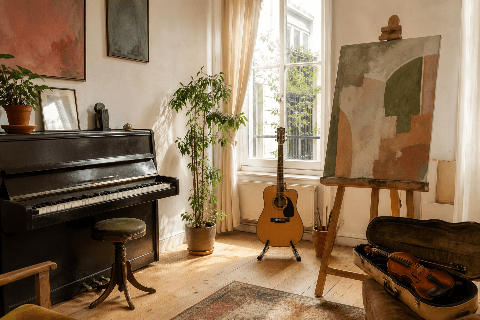 Nişantaşı Sanat Atölyesi'nde piyano, gitar ve resim alanı